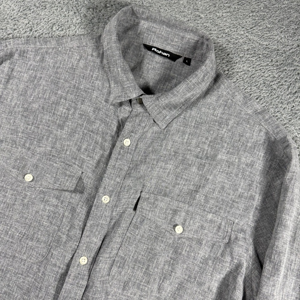 Rohan Button Up Shirt Mens Large Gray Linen Blend Long Sleeve Pockets Workwear
